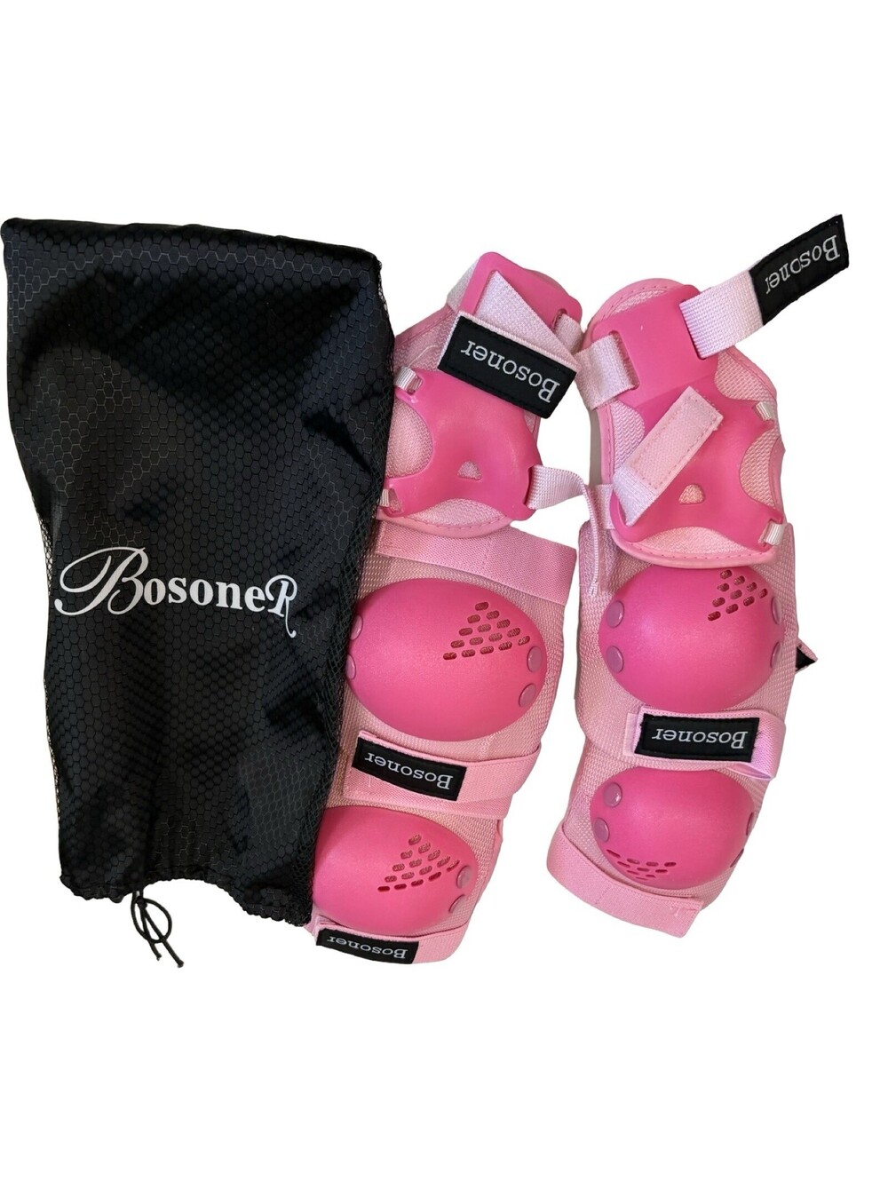 Bosoner Youth Kids Knee Elbow & Wrist Protector Pads Pink with Carry Bag
